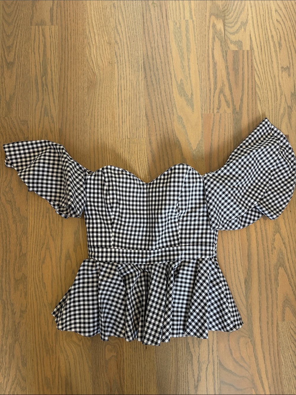 Caroline Constas Black & White Gingham Off-Shoulder Peplum Top